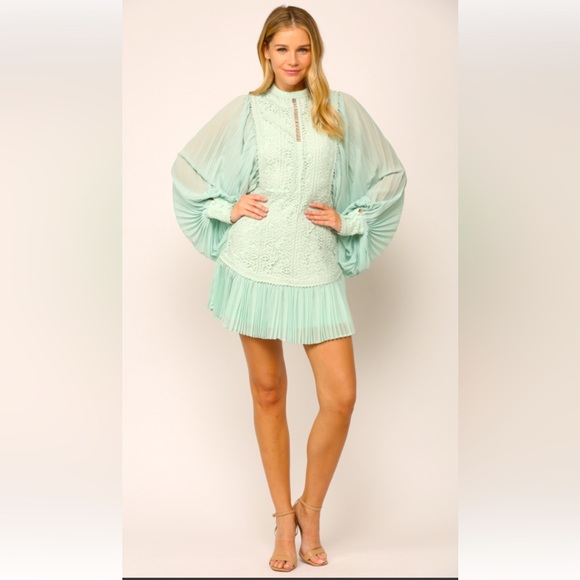 Greta Balloon Sleeve Embroidered Mini Dress in Mint - Picture 1 of 12